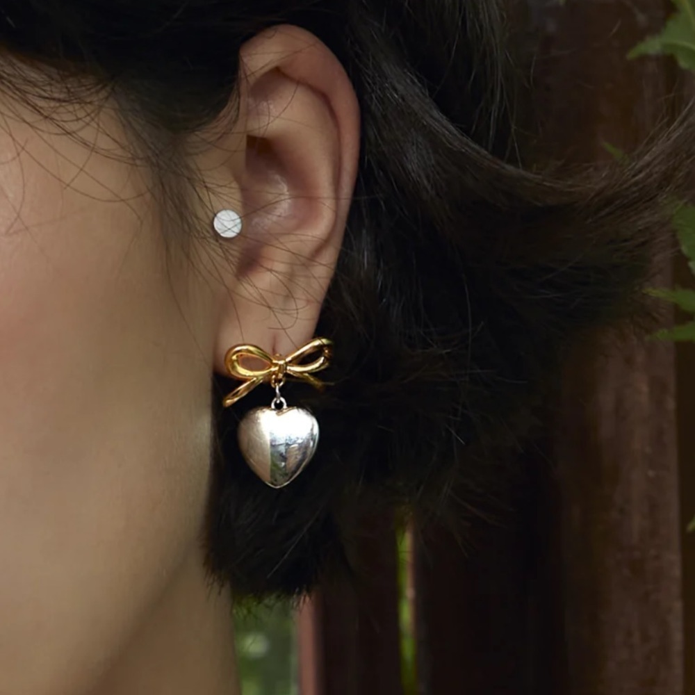 NWT Gold and Silver 925 Ribbon Heart Dangle Earrings​​​​ - Picture 2 of 4